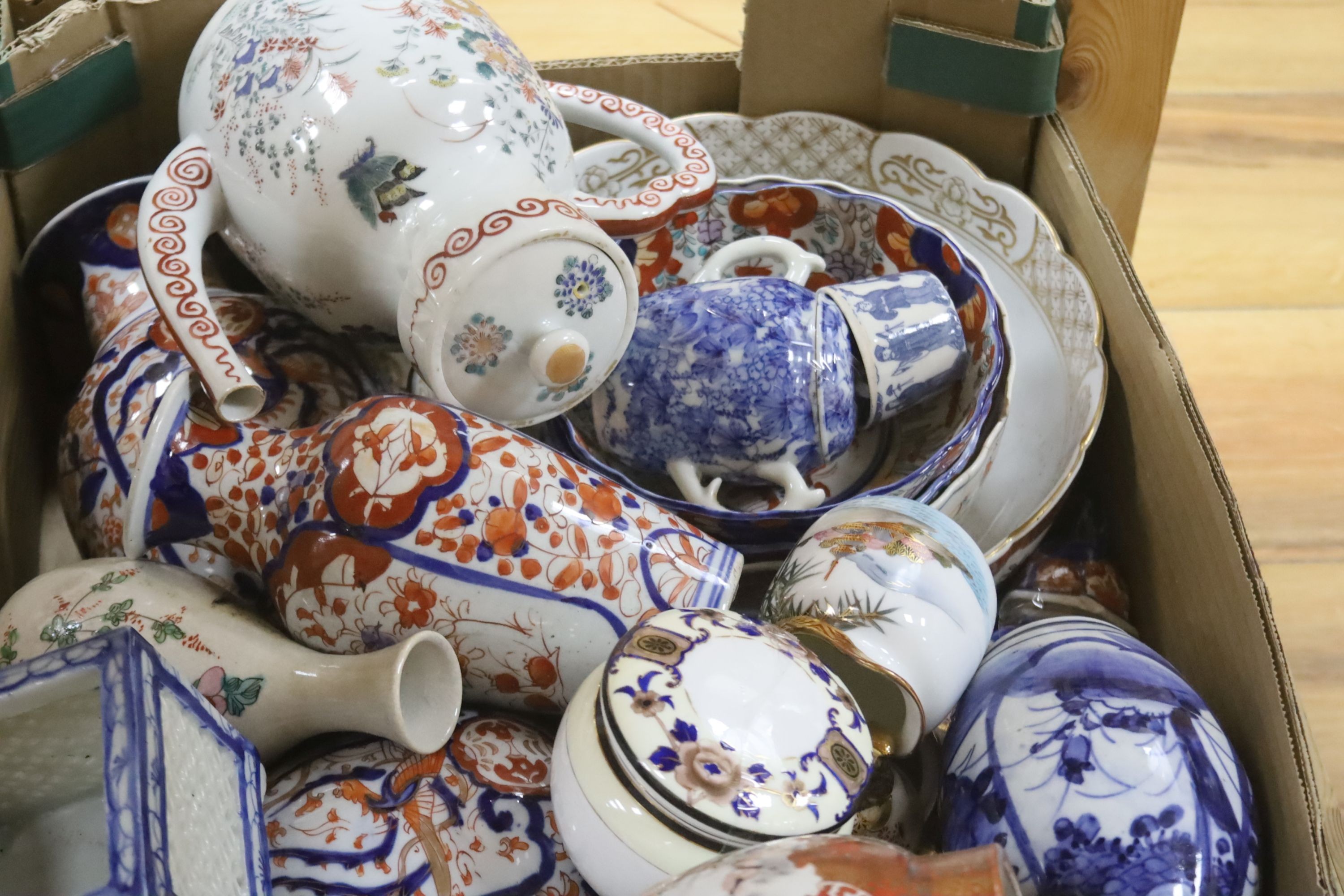 Two boxes of Japanese Imari, Kutani etc porcelain